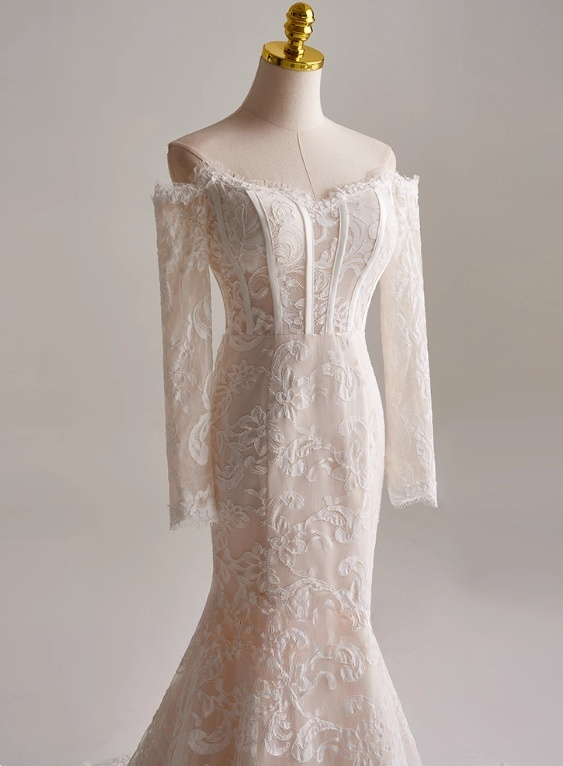 Charming Wedding Dress Off Shoulder Long Sleeve Mermaid Wedding Dress D3146