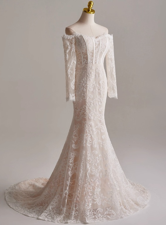 Charming Wedding Dress Off Shoulder Long Sleeve Mermaid Wedding Dress D3146