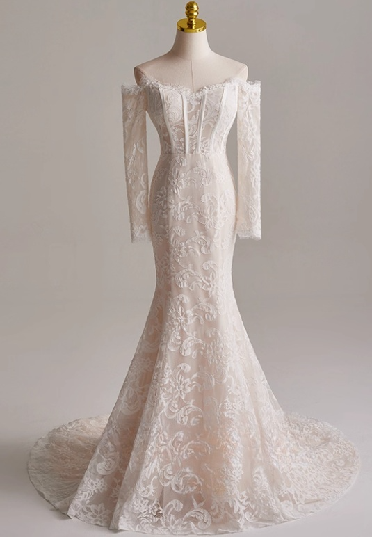 Charming Wedding Dress Off Shoulder Long Sleeve Mermaid Wedding Dress D3146