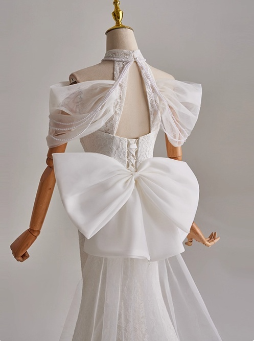 Pretty Long Sleeve Tulle Bowknot Mermaid Wedding Dress D3162