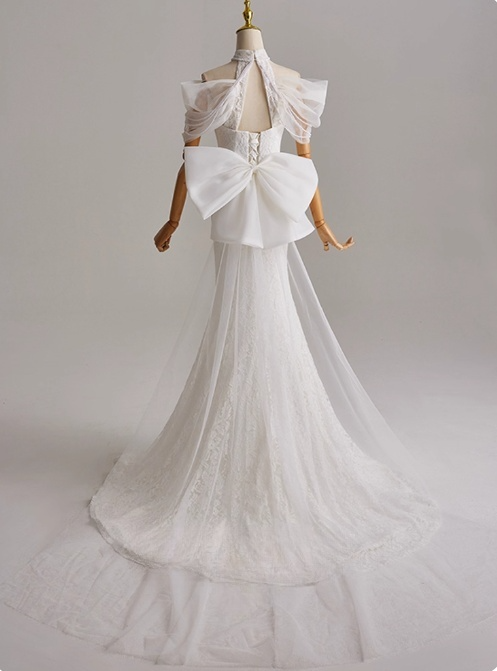 Pretty Long Sleeve Tulle Bowknot Mermaid Wedding Dress D3162