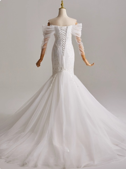 Elegant Off Shoulder Long Sleeve Tulle Pleated Mermaid Wedding Dress D3164