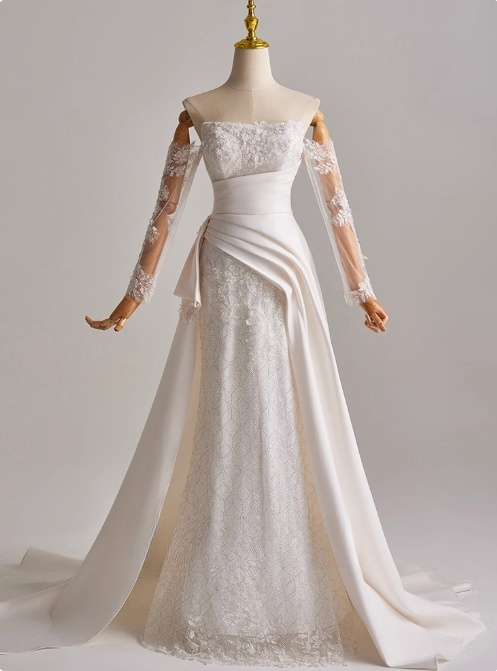 Elegant A Line Strapless Long Sleeve Pleated Wedding Dress D3165