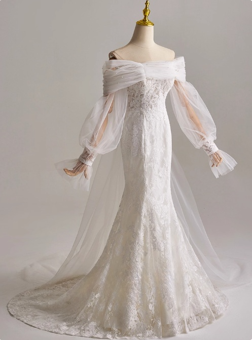 Elegant Off Shoulder Long Sleeve Pleated Tulle Mermaid Wedding Dress D3166