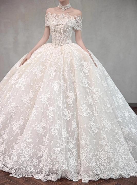 Romantisches Brautkleid, schulterfreies Spitzen-Brautkleid D3189
