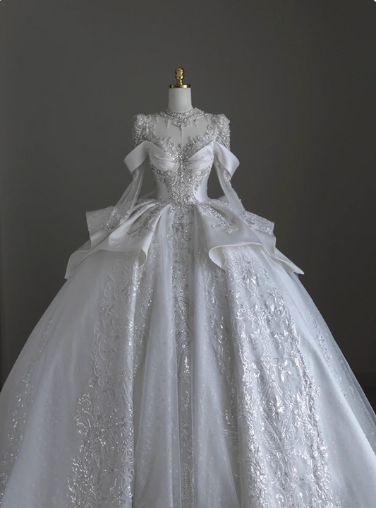 Wunderschönes Brautkleid Langarm Plissee Brautkleid D3193