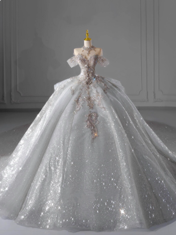 Superbe robe de mariée plissée à épaules dénudées D3196