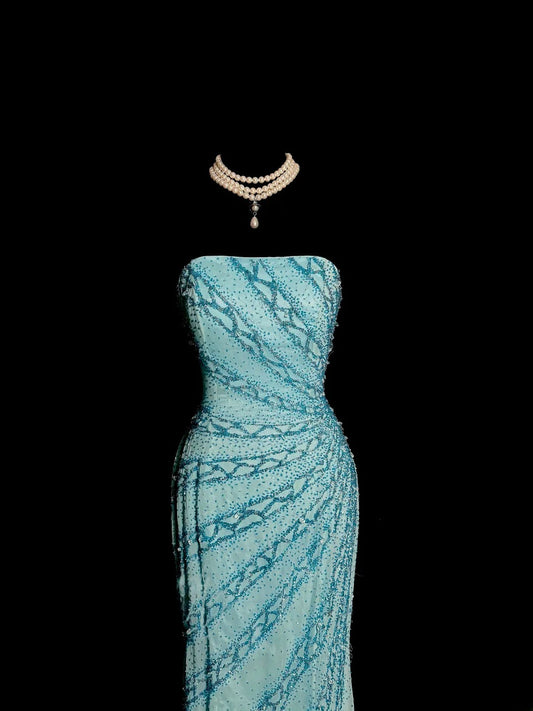 Robe de bal longue et brillante, sans bretelles, plissée, avec perles, tenue de soirée, d'anniversaire, D3207