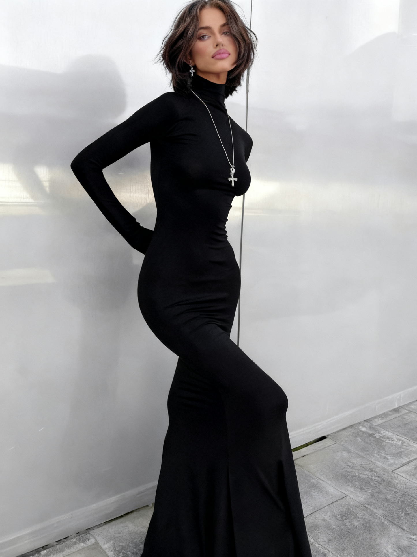 Robe minimaliste noire à col haut pour femme, tenue décontractée pour le travail au quotidien, D3236