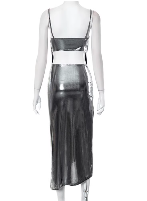 Robe sexy argentée à bretelles spaghetti pour femme, tenue de soirée, tenue de rendez-vous, D3238