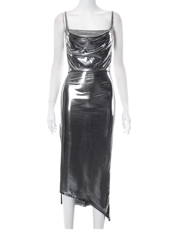 Robe sexy argentée à bretelles spaghetti pour femme, tenue de soirée, tenue de rendez-vous, D3238