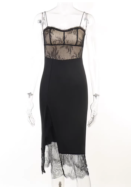 Robe sexy noire à bretelles spaghetti en dentelle pour femme, tenue d'anniversaire, robe de soirée en bord de mer, D3240