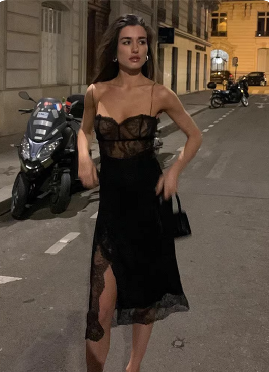 Robe sexy noire à bretelles spaghetti en dentelle pour femme, tenue d'anniversaire, robe de soirée en bord de mer, D3240