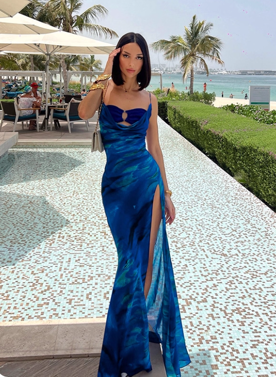 Beauty Women Dress Spaghetti Straps Slit Birthday Outfits Long Seaside Party Dress D3241