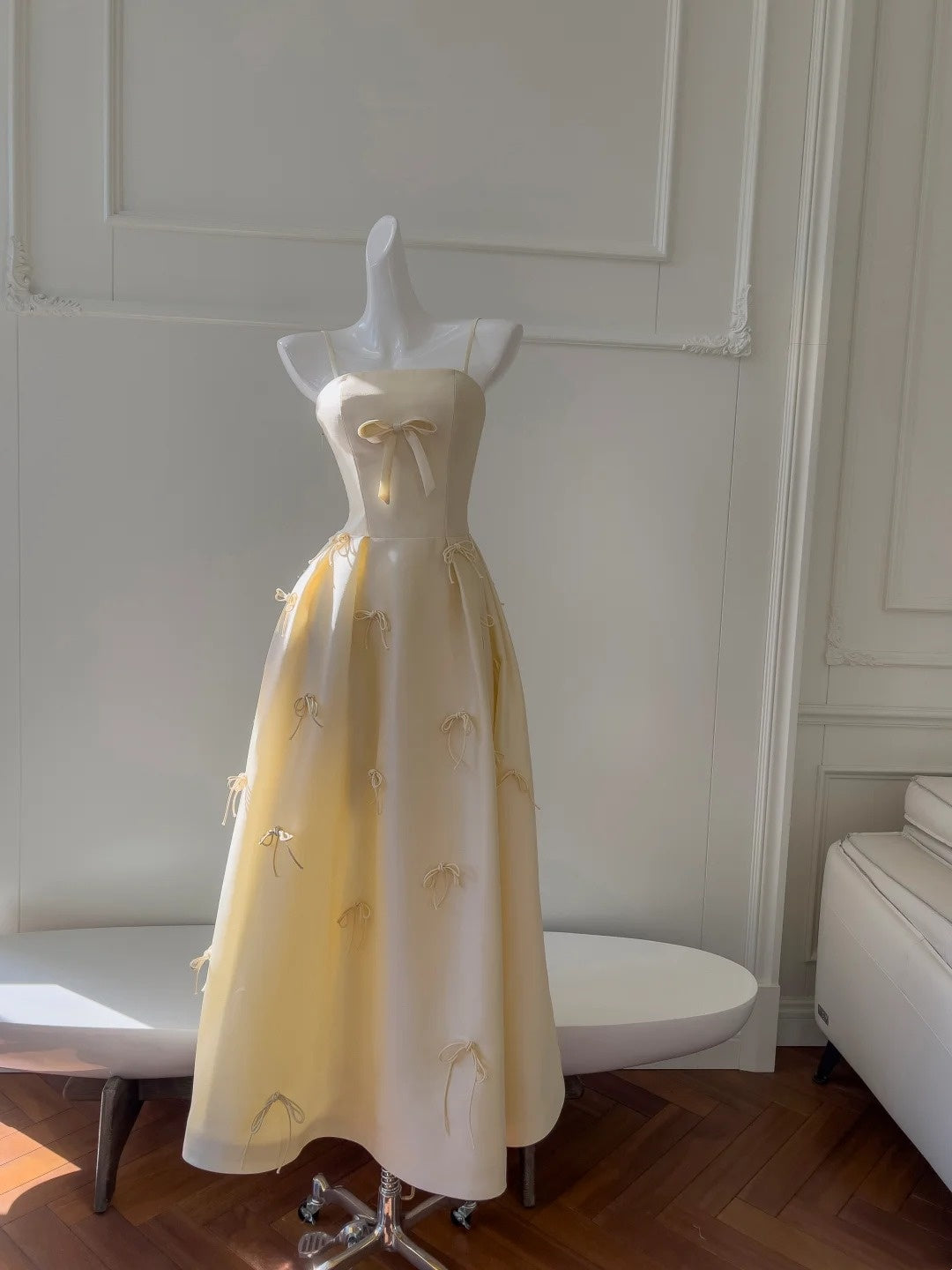 Sweet Prom Dress Light Yellow A Line Spaghetti Straps Long Birthday Party Outfits Evening Gown D3277