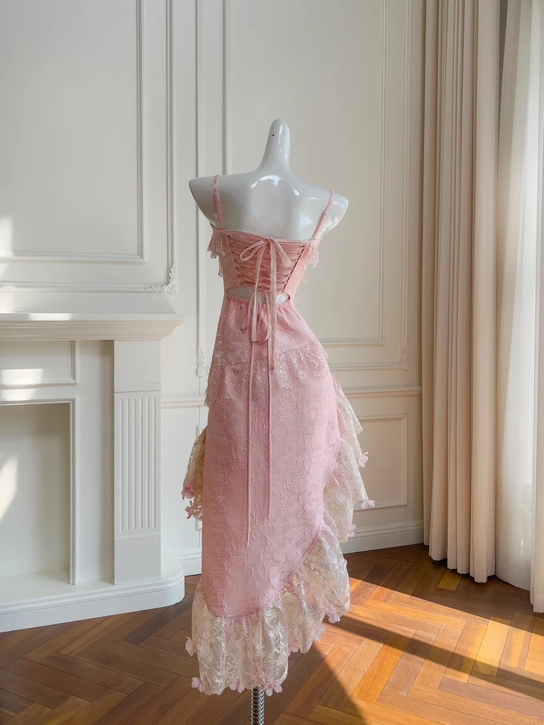 Stunning Prom Dress Pink Spaghetti Straps Lace Asymmetrical Hem Birthday Party Outfits Cocktail Dress D3281