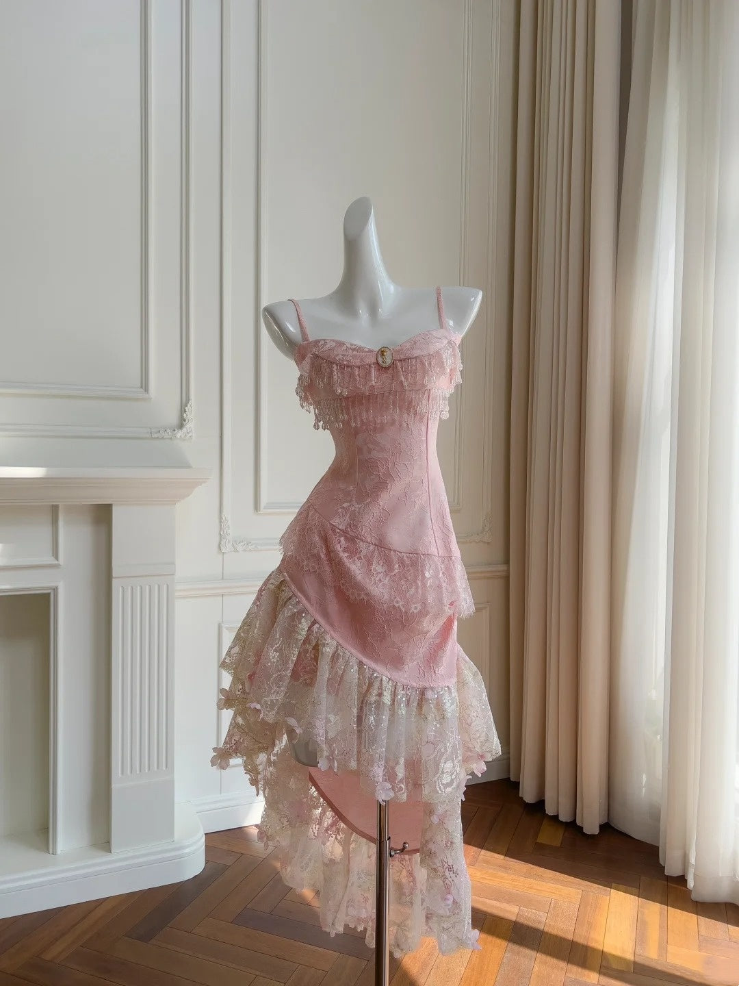 Stunning Prom Dress Pink Spaghetti Straps Lace Asymmetrical Hem Birthday Party Outfits Cocktail Dress D3281
