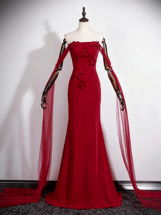 Superbe robe de bal rouge vin, bustier, motif floral, style sirène, D3304