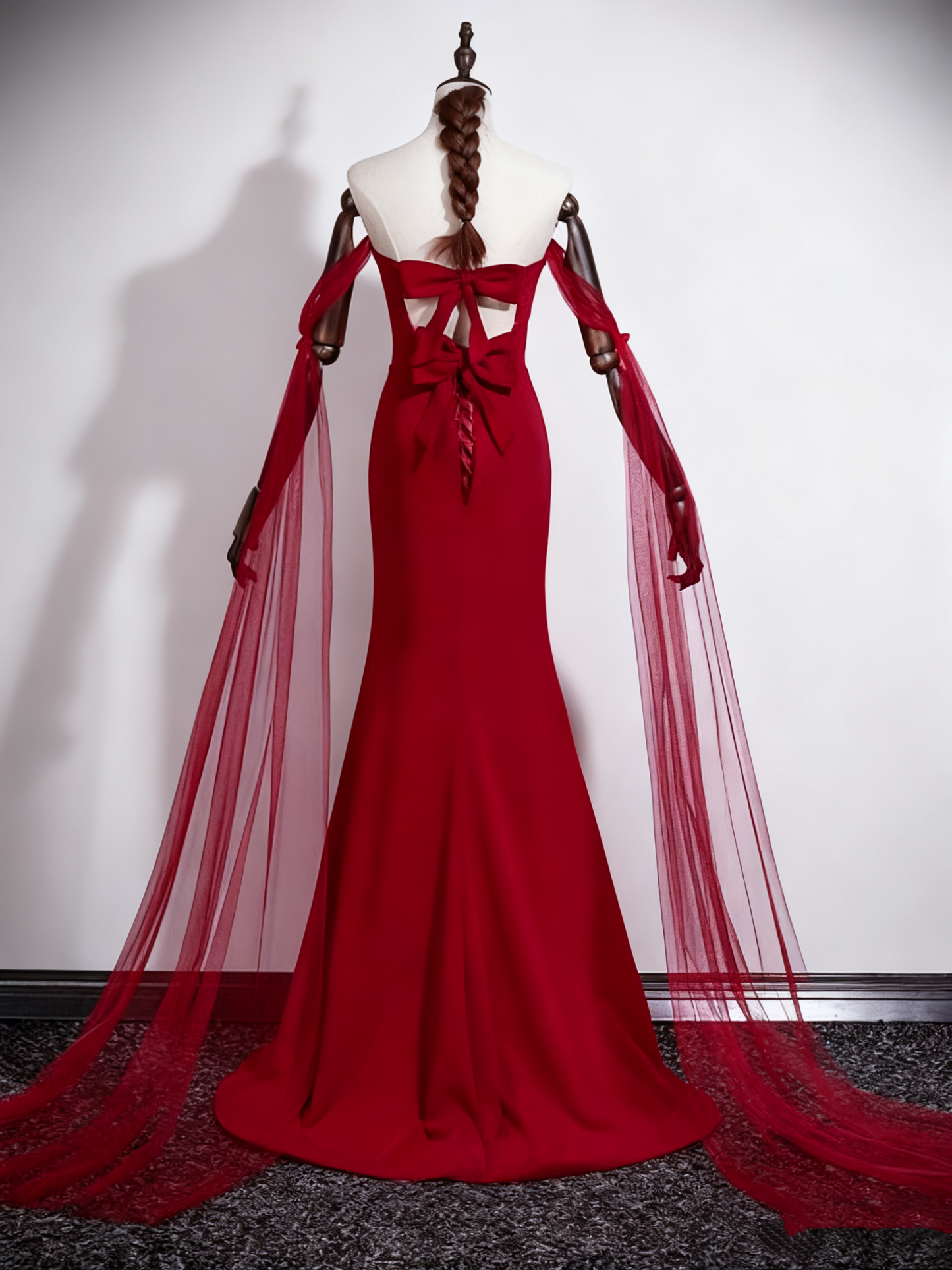Superbe robe de bal rouge vin, bustier, motif floral, style sirène, D3304