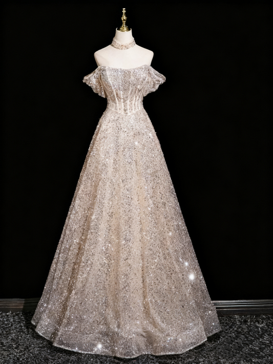 Robe de bal brillante, coupe trapèze, épaules dénudées, robe de soirée, robe de fête d'anniversaire, D3305