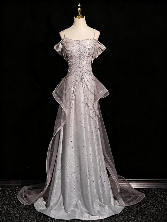 Robe de bal brillante, coupe trapèze, bretelles spaghetti, tulle, tenue de fête d'anniversaire, robe de soirée D3312