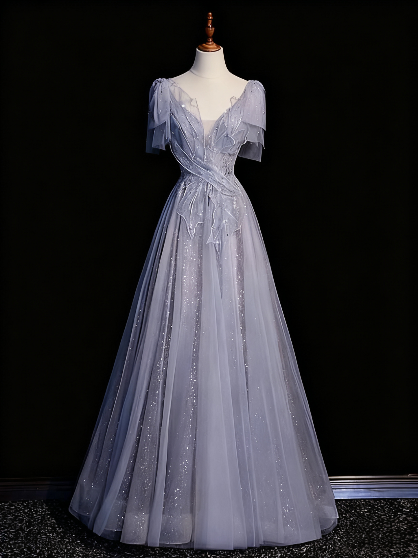 Superbe robe de bal à col en V en tulle plissé, tenue de fête d'anniversaire, robe de soirée D3314