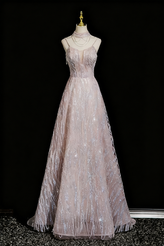 Robe de bal brillante à bretelles spaghetti et coupe trapèze, tenue de soirée pour anniversaire, D3316