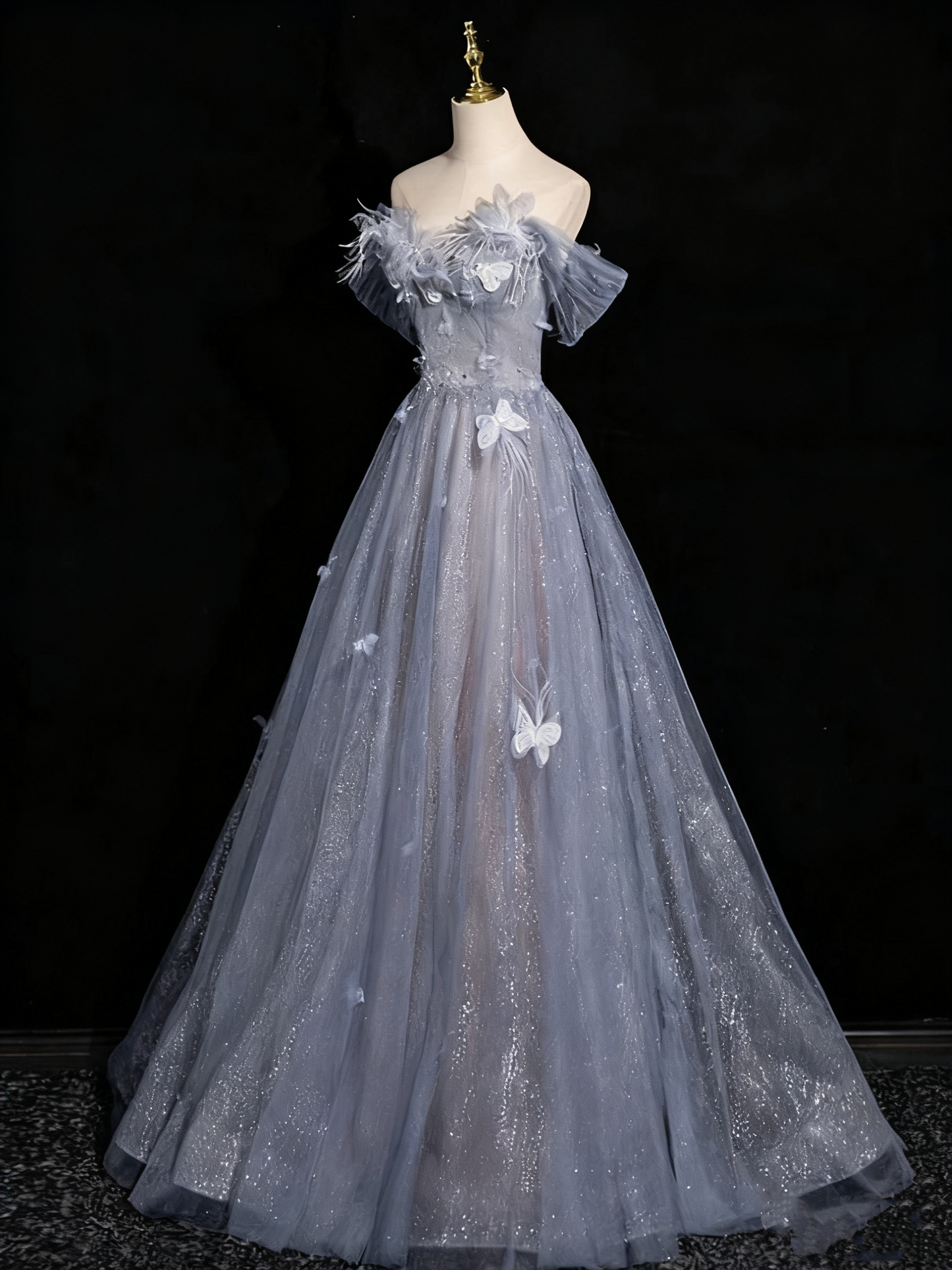 Robe de bal brillante à épaules dénudées et tulle plissé, robe de soirée d'anniversaire D3318