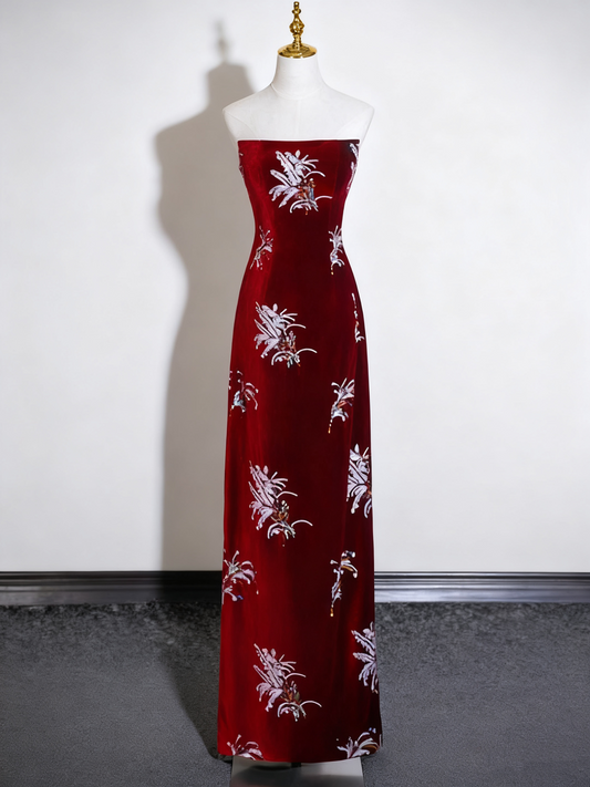 Charmante robe de bal trapèze rouge vin sans bretelles, tenue de fête d'anniversaire, robe de soirée D3320