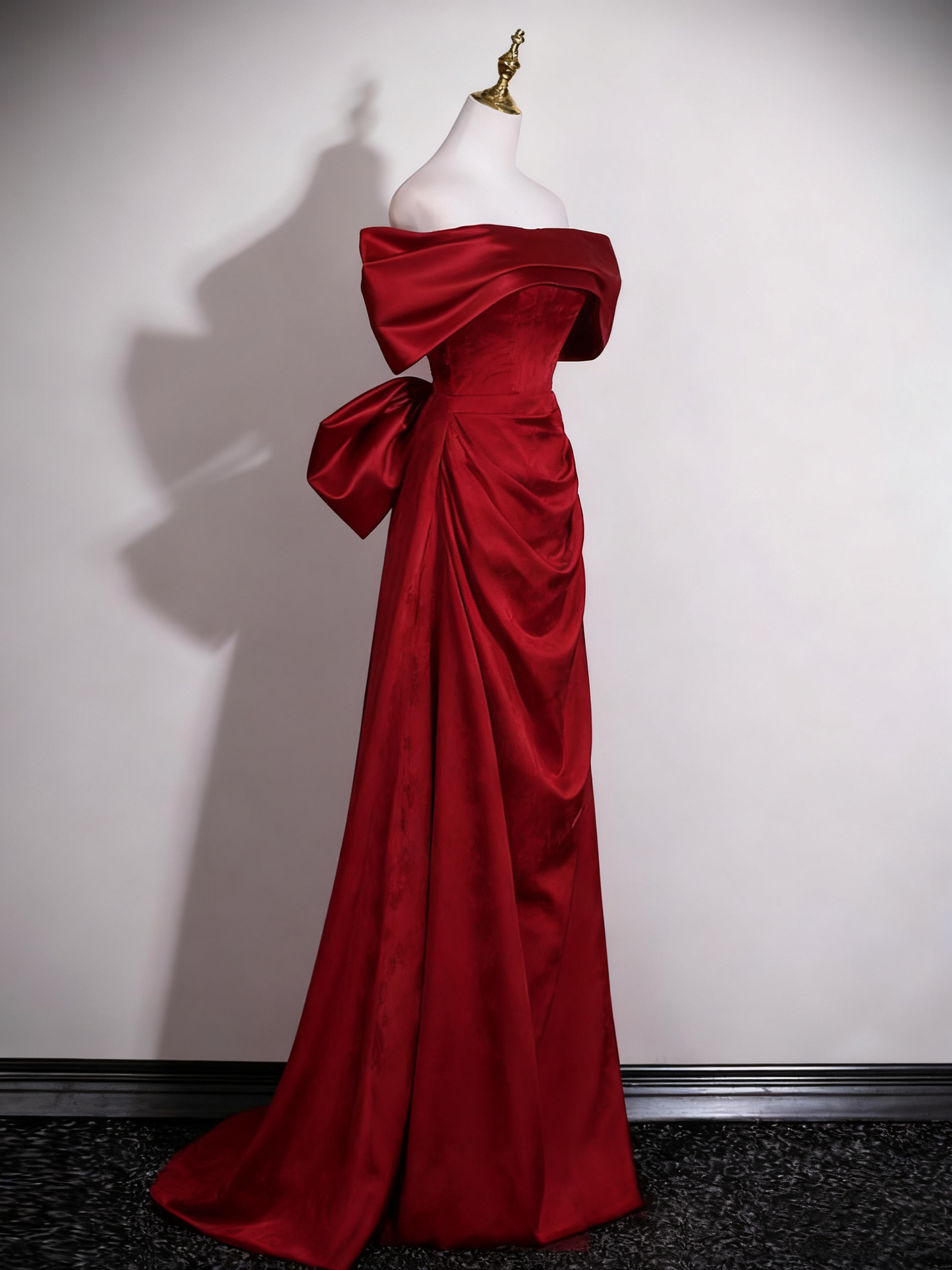 Robe de bal élégante coupe trapèze rouge vin, épaules dénudées, tenue de fête d'anniversaire, robe de soirée D3321