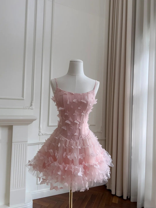 Robe de soirée populaire à bretelles spaghetti en tulle, robe de bal courte, tenue de fête d'anniversaire, robe de cocktail D3329