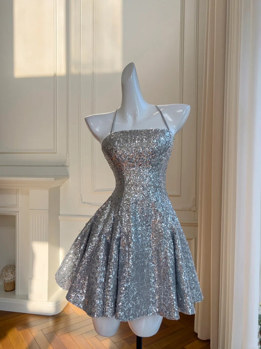 Robe de soirée courte et brillante, coupe trapèze, dos nu, tenue de soirée, d'anniversaire, de cocktail, D3330