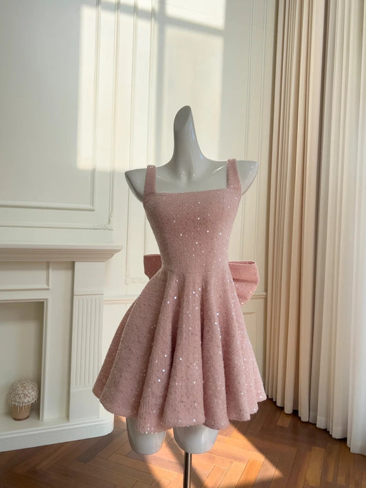 Robe de soirée rose brillante, coupe trapèze, col carré, courte, tenue de bal, de fête d'anniversaire, de cocktail, D3331