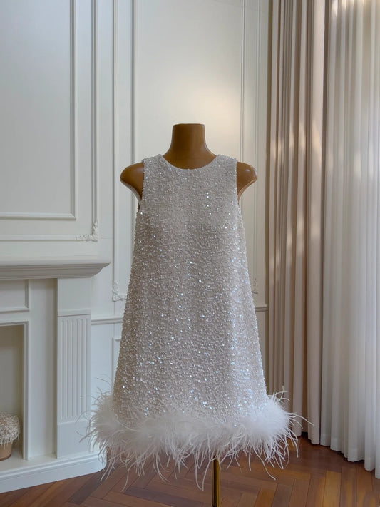 Jolie robe de soirée trapèze à col ras du cou et paillettes, tenue de bal courte pour fête d'anniversaire, D3332