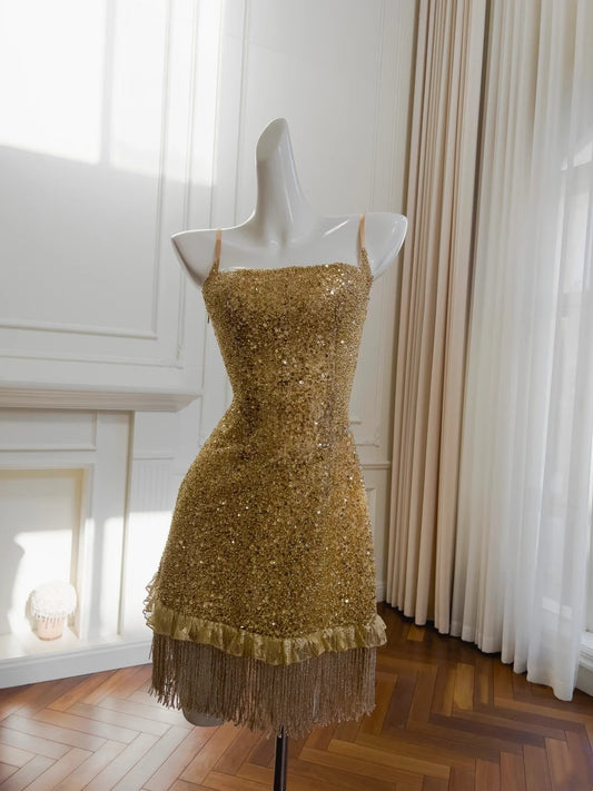 Superbe robe de soirée dorée trapèze à bretelles spaghetti et pompons, tenue de bal courte pour fête d'anniversaire D3334