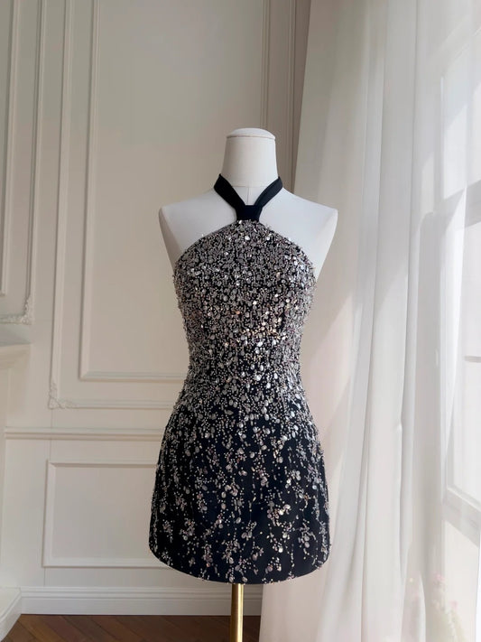Robe de soirée noire brillante, coupe trapèze, col licou, courte, tenue de bal, de fête d'anniversaire, de cocktail, D3337