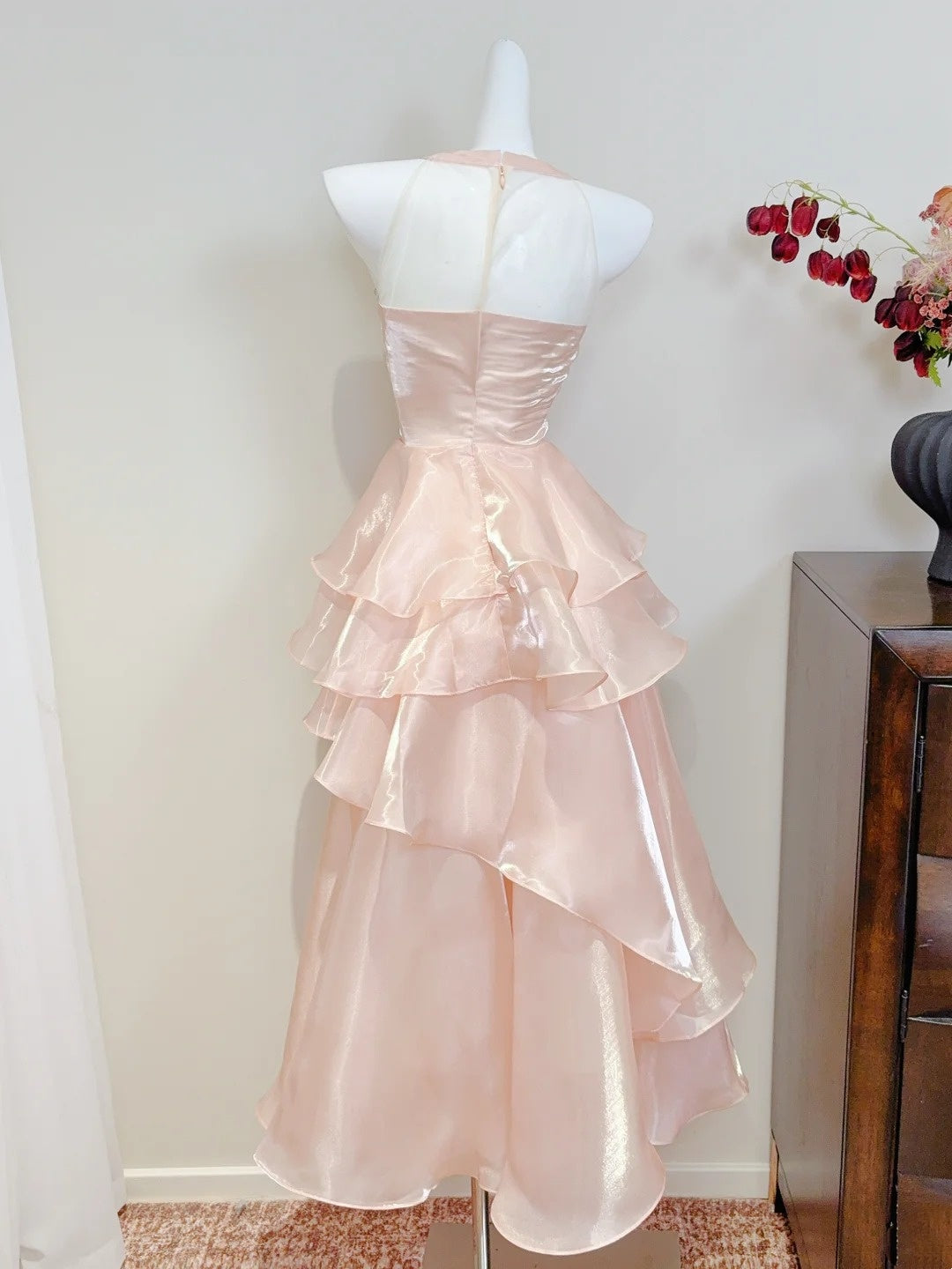 Robe de bal rose à volants et col ras du cou, robe de cocktail, robe de fête d'anniversaire, D3342
