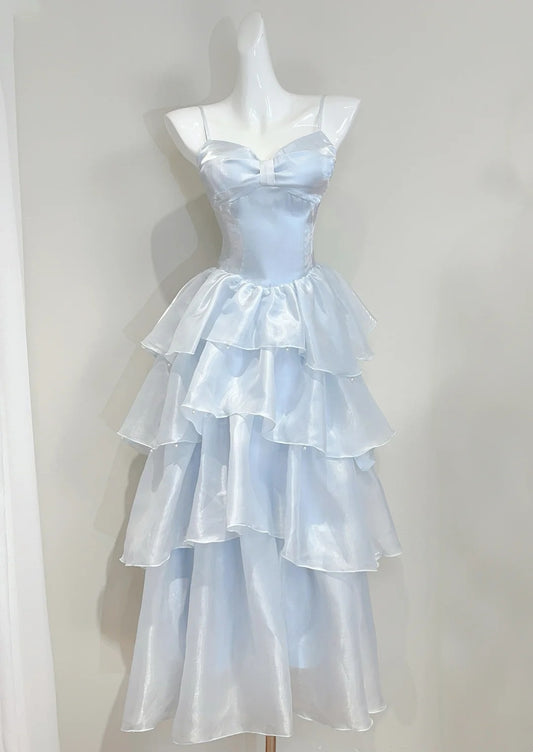 Robe de bal bleu ciel à volants et bretelles spaghetti, robe de cocktail, robe de fête d'anniversaire, D3343