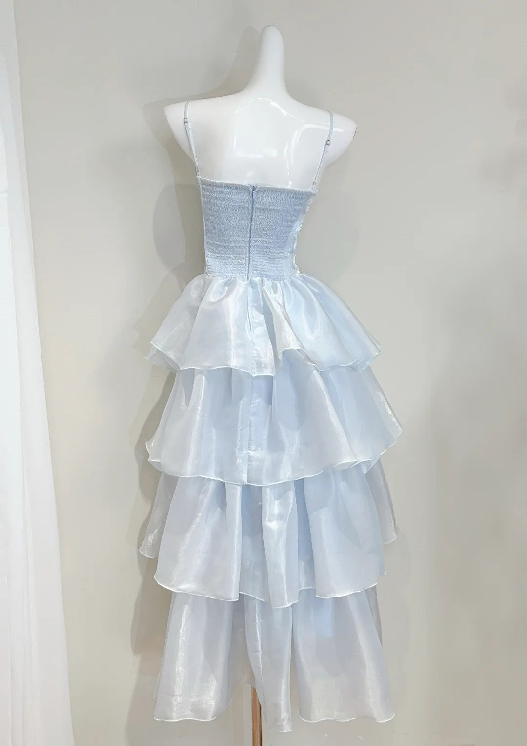 Robe de bal bleu ciel à volants et bretelles spaghetti, robe de cocktail, robe de fête d'anniversaire, D3343
