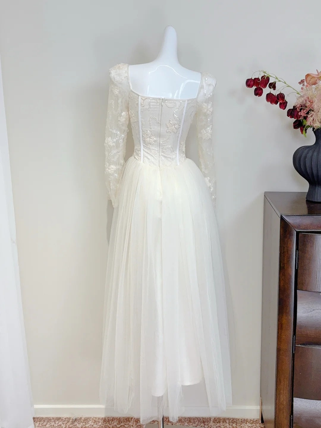 Robe de bal élégante, col carré, en tulle, robe de cocktail, robe de fête d'anniversaire, D3344