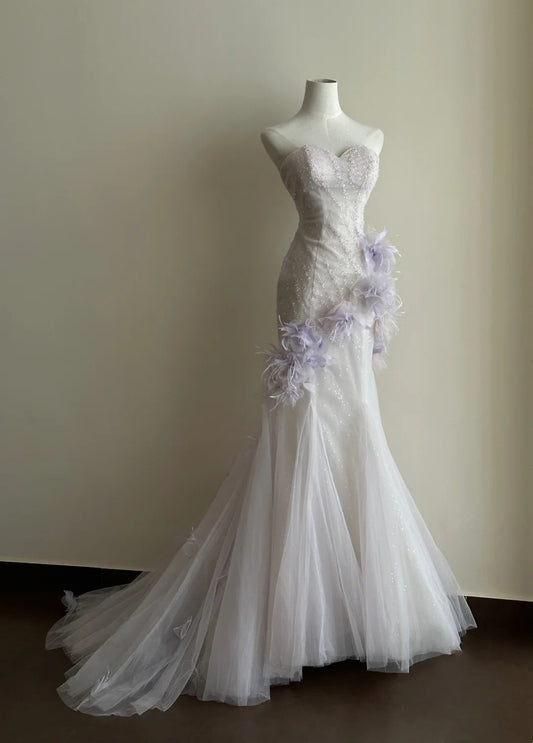 Robe de bal élégante en tulle plissé, style sirène, décolleté en cœur, robe de cocktail D3357