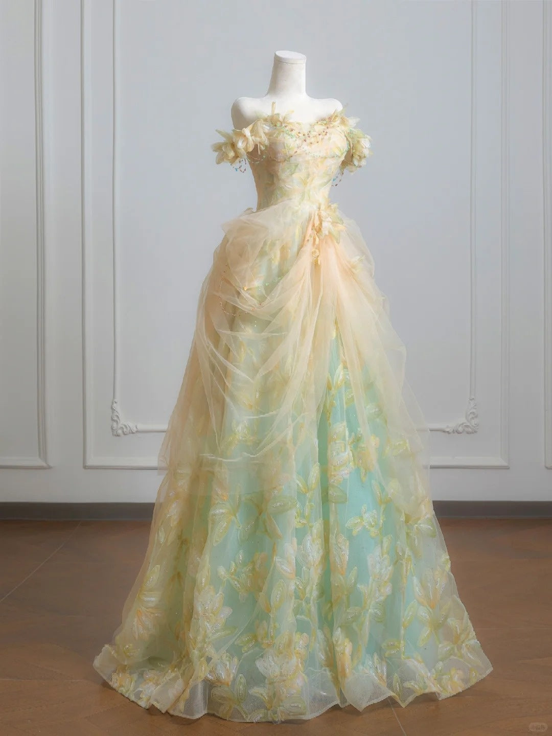 Superbe robe de bal trapèze à épaules dénudées, en tulle plissé, imprimée, robe de soirée, robe de Quinceanera D3361