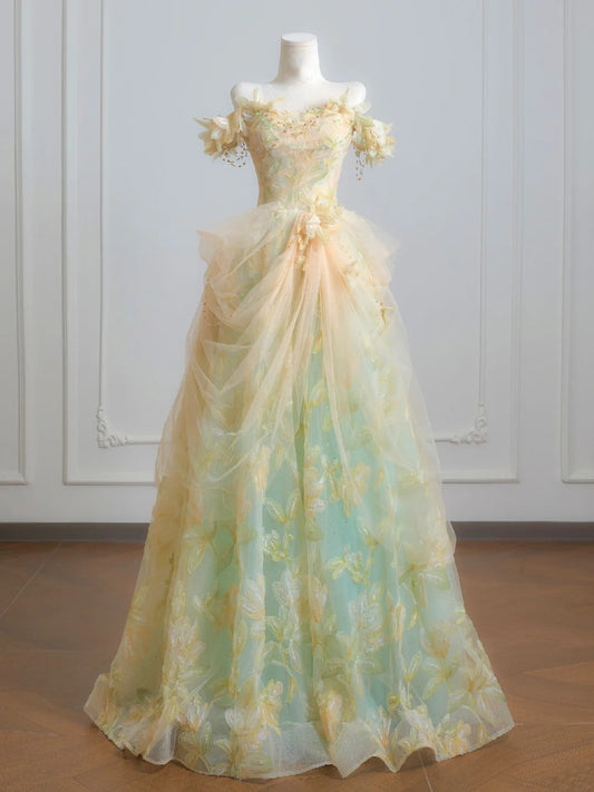 Superbe robe de bal trapèze à épaules dénudées, en tulle plissé, imprimée, robe de soirée, robe de Quinceanera D3361