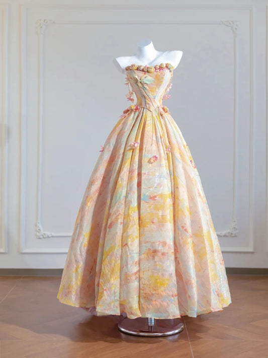 Robe de bal colorée, coupe trapèze, décolleté en cœur, plissée, imprimée, robe de soirée, robe de Quinceanera, robe de bal, D3362