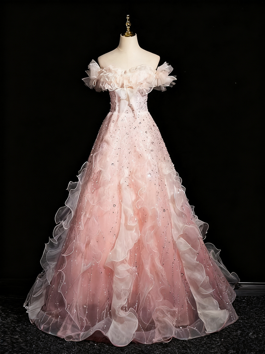 Superbe robe de bal à épaules dénudées et volants en tulle, robe de soirée, robe de fête d'anniversaire D3368