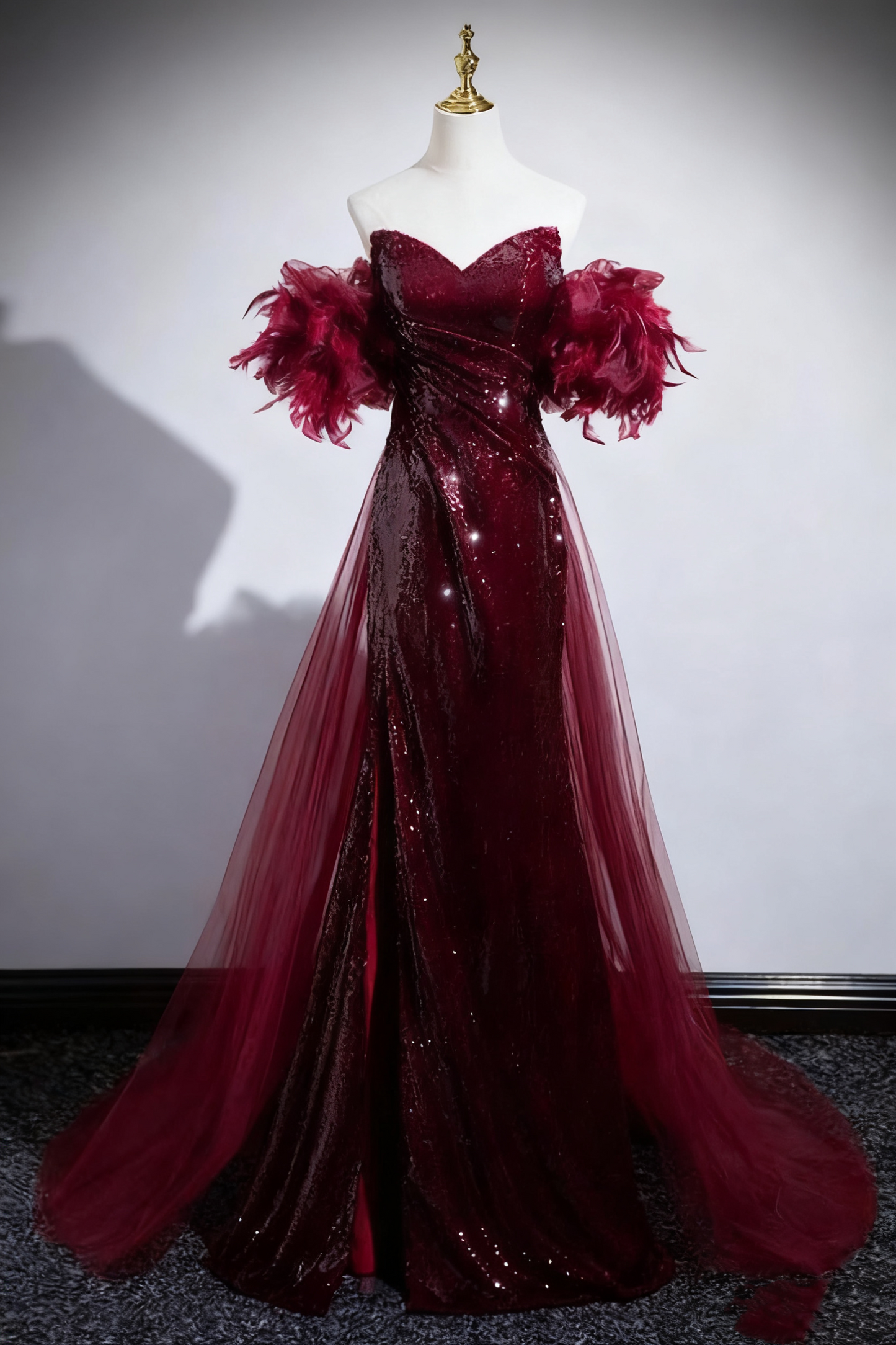 Robe de bal rouge vin brillante, coupe trapèze, décolleté en cœur, plissée, style sirène, robe de soirée, robe de fête d'anniversaire, D3373