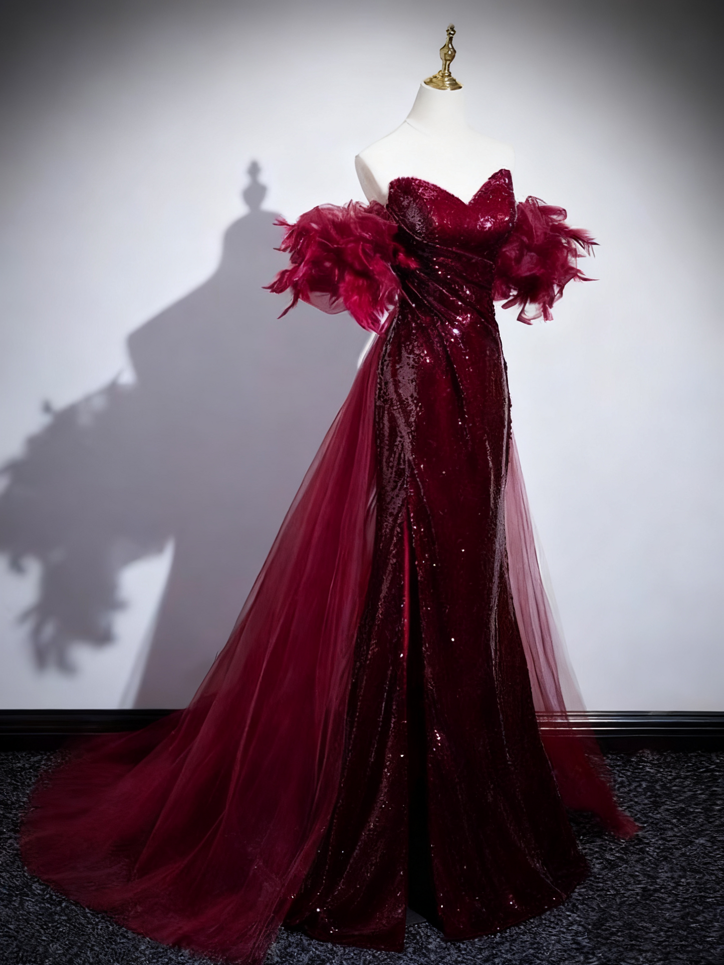 Robe de bal rouge vin brillante, coupe trapèze, décolleté en cœur, plissée, style sirène, robe de soirée, robe de fête d'anniversaire, D3373