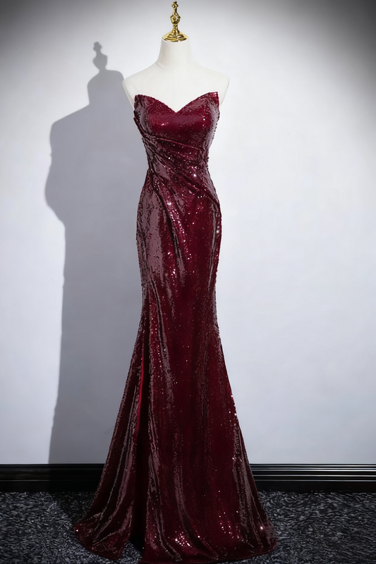 Robe de bal rouge vin brillante, coupe trapèze, décolleté en cœur, plissée, style sirène, robe de soirée, robe de fête d'anniversaire, D3373
