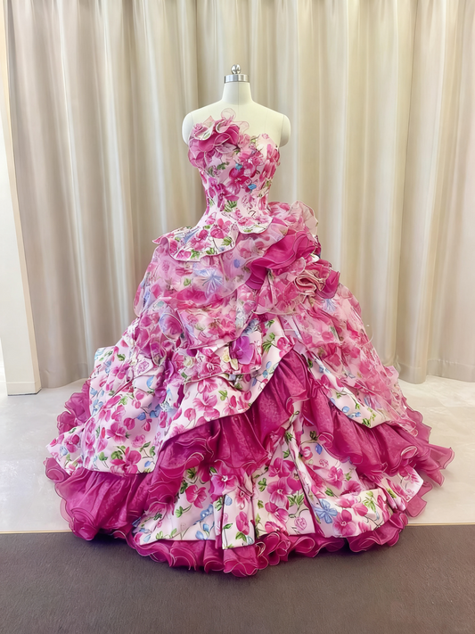 Jolie robe de bal bustier à volants, imprimée, robe de soirée, robe de bal, D3379
