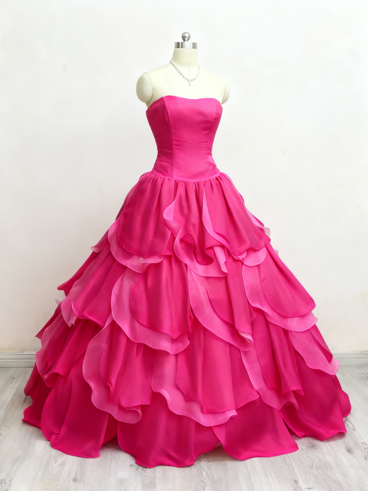 Charmante robe de bal rose vif sans bretelles à volants, robe de soirée, robe de bal D3383